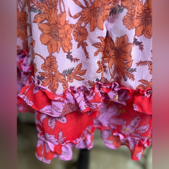 JESSICA SIMPSON PINK & ORANGE RUFFLE FLORAL PRINT OFF SHOULDER MINI DRESS SZ L - Picture 6 of 11